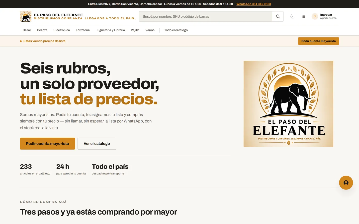 Tienda mayorista de El Paso del Elefante con el aviso de precios de lista y el pedido de cuenta mayorista